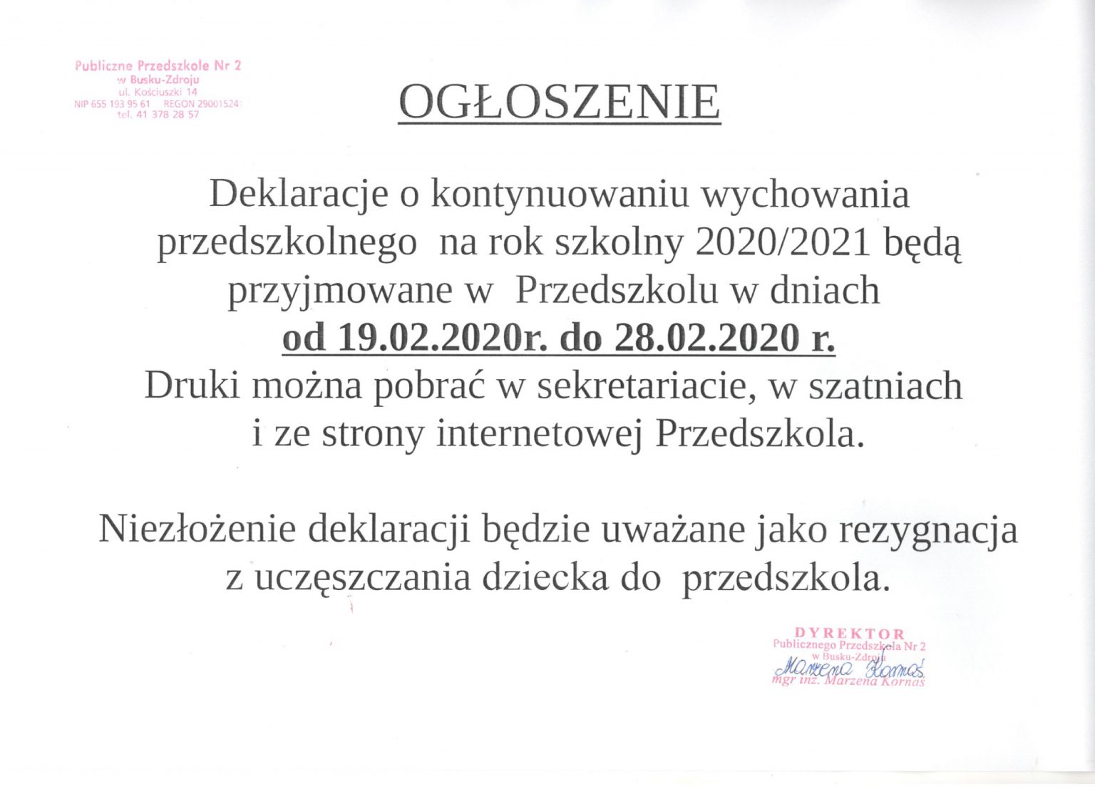 Deklaracja O Kontynuacji Wychowania Przedszkolnego Opole Deklaracja o kontynuowaniu wychowania przedszkolnego dziecka 2020/2021