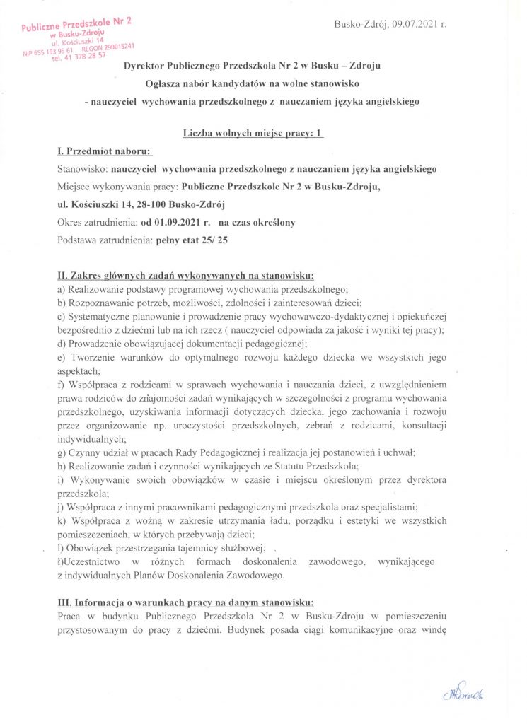 Opinia O Nauczycielu Języka Angielskiego Nabór na wolne stanowisko- nauczyciel wychowania przedszkolnego z