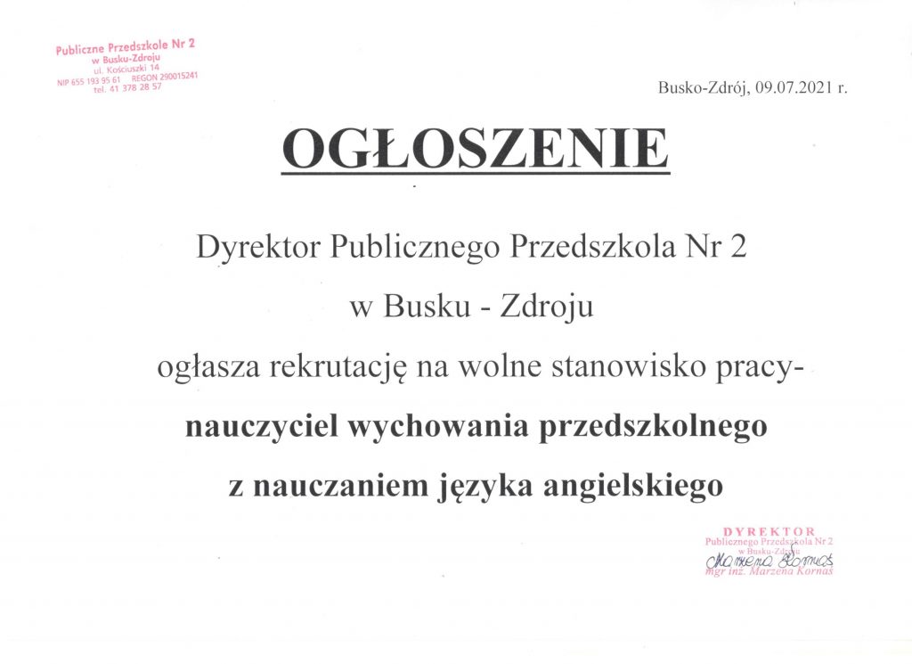 Opinia O Nauczycielu Języka Angielskiego Nabór na wolne stanowisko- nauczyciel wychowania przedszkolnego z