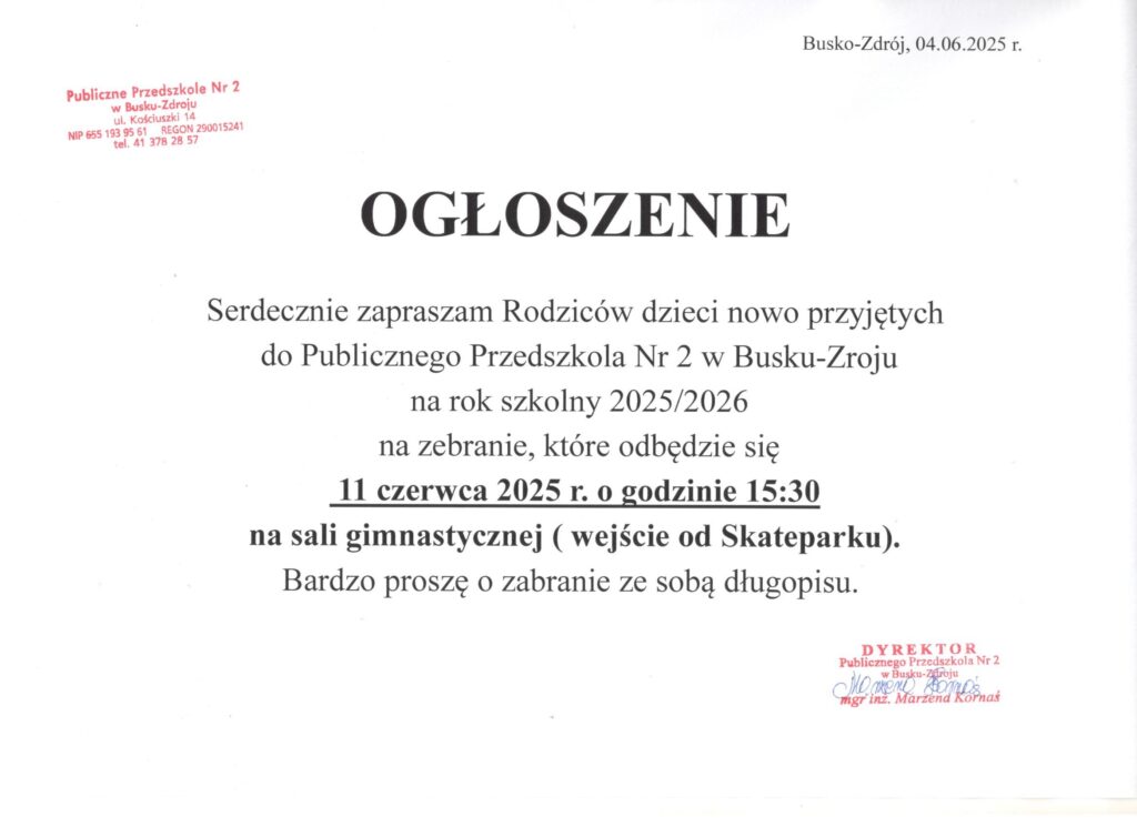 Ogłoszenie dla Rodziców dzieci nowo przyjętych