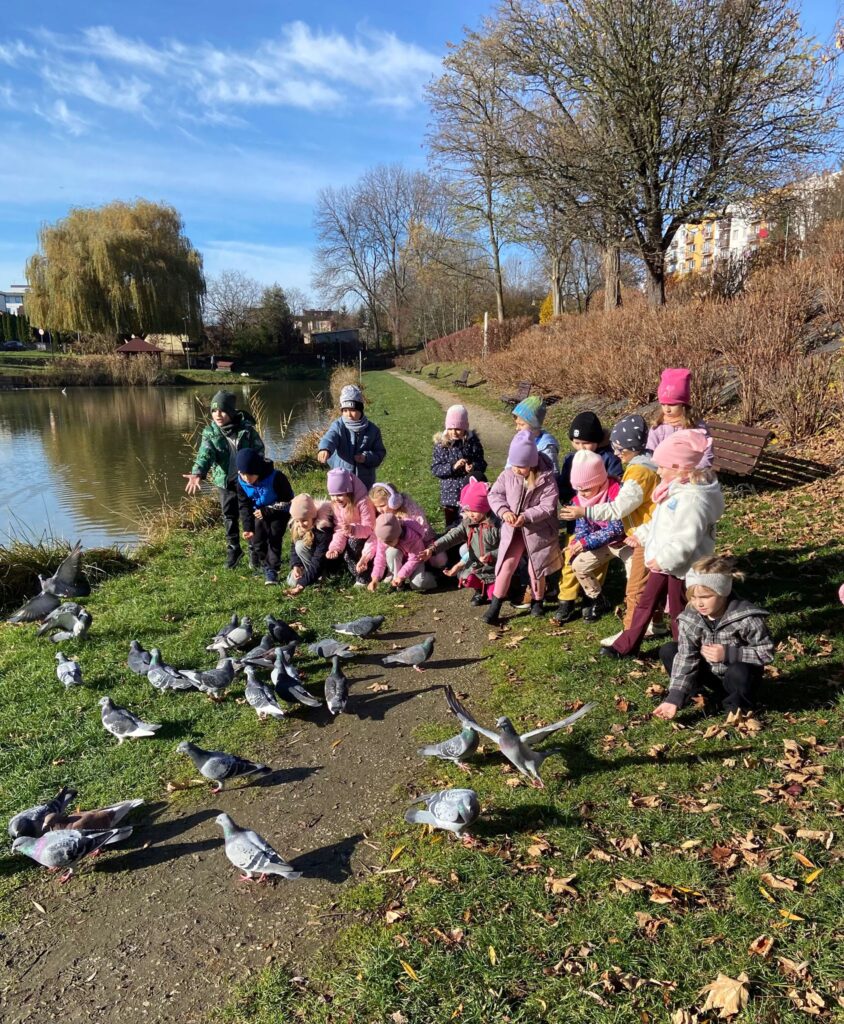 Spacer nad staw - dokarmianie ptaków w grupie "Motylki".