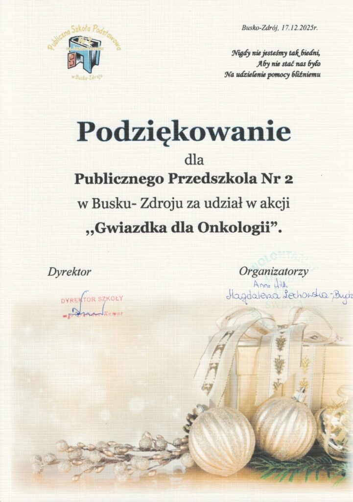 Podziękowanie za udział w akcji "Gwiazdka dla Onkologii" 